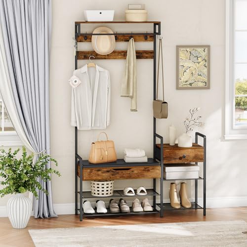 HOOBRO Hall Tree with Bench, Shoe and Coat Rack for Entryway, Coat Rack with Bench, Flip Top Storage Box, PU Cushioned Seat, Non-Woven Fabric Drawer, for Entrance, Rustic Brown and Black BF110MT01 - color: Rustic Brown + Black