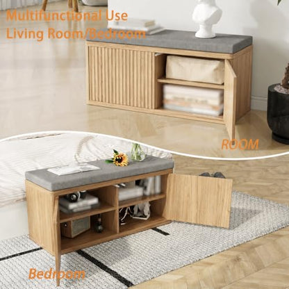 Shoe Cabinet Bench with Cushion,Double Layered Wooden Shoe Bench with Soft Cushion,Shoe Rack for Entryway,Bedroom,Living Room - color: 2 Door Oak Sturdy Shoe Bench