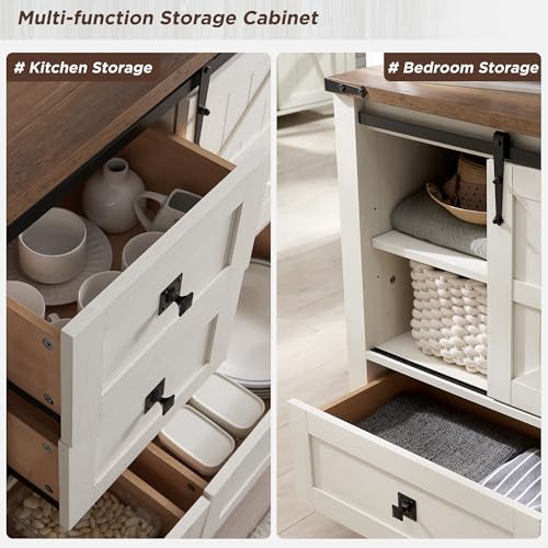T4TREAM 48" Wide Farmhouse Sideboard Buffet Cabinet, Antique White | 31.2" Tall Kitchen Cabinet with Storage, 2 Sliding Barn Doors, 4 Drawers, Rustic Wood, Coffee Bar Table, Dining Room - color: Antique White