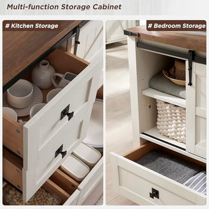 T4TREAM 48" Wide Farmhouse Sideboard Buffet Cabinet, Antique White | 31.2" Tall Kitchen Cabinet with Storage, 2 Sliding Barn Doors, 4 Drawers, Rustic Wood, Coffee Bar Table, Dining Room - color: Antique White