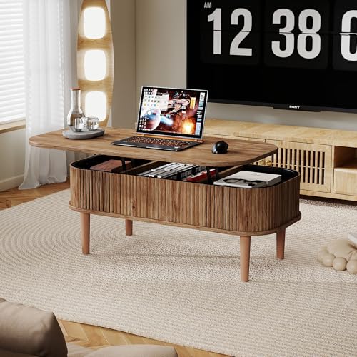 Fluted Lift Top Coffee Table with Hidden Storage, Oval Coffee Table with Lifting Top, Mid Century Modern Design for Living Room, Office & Small Spaces, Walnut - color: Walnut