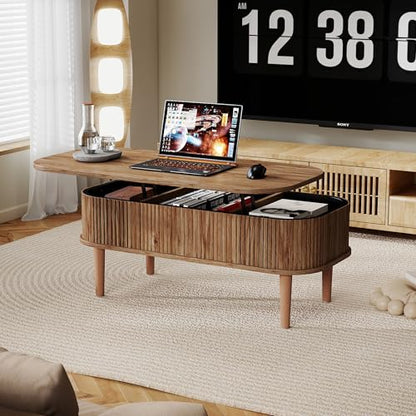 Fluted Lift Top Coffee Table with Hidden Storage, Oval Coffee Table with Lifting Top, Mid Century Modern Design for Living Room, Office & Small Spaces, Walnut - color: Walnut