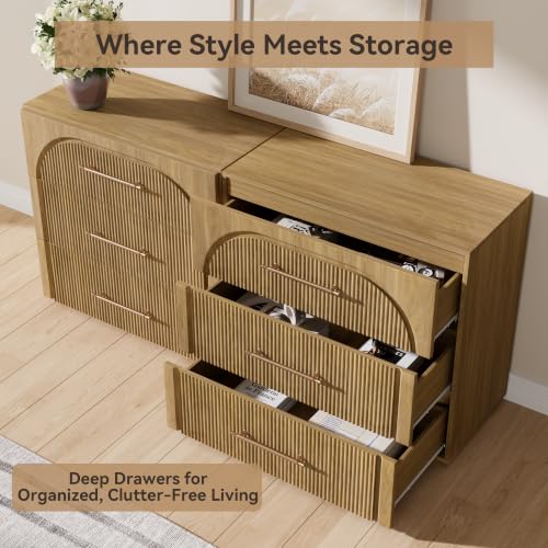 Buffet Cabinet with 3 Storage Drawers, 94.5'' Wide Mid-Century Modular Sideboard Storage Cabinet, Wooden Arched Credenza Cabinet for Kitchen, Coffee Bar, Living Room, Entryway, Natural Oak - color: Oak-drawers