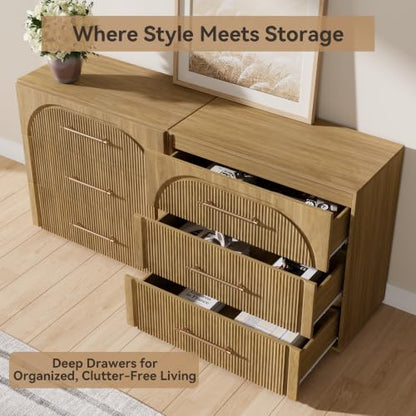 Buffet Cabinet with 3 Storage Drawers, 94.5'' Wide Mid-Century Modular Sideboard Storage Cabinet, Wooden Arched Credenza Cabinet for Kitchen, Coffee Bar, Living Room, Entryway, Natural Oak - color: Oak-drawers