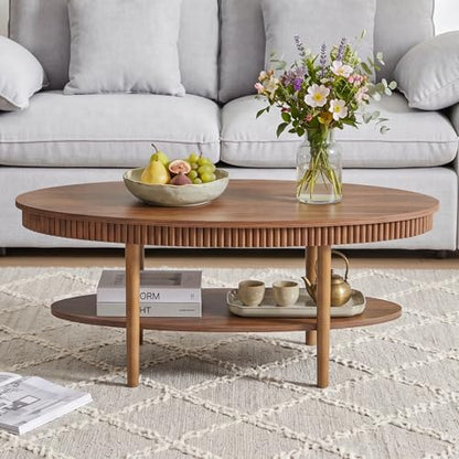 Janmer Home Oval Coffee Table with 2-Tier Storage Shelf, 40" Modern Coffee Tables, Wood Small Center Table, Fluted Accent Tea Table for Small Space Living Room Apartment,Easy Assembly (Walnut) - color: Walnut-40inch Oval, style: 40inch