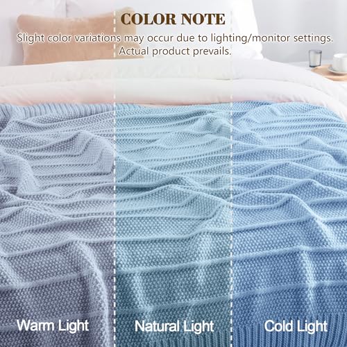 Carriediosa Knit Throw Blanket for Couch 50x60 Stripe Cable Knitted Throws | Light Blue, Soft Textured Neutral Fall Blankets, Cozy Decorative Home Decor, Cover for Bed, Sofa & Outdoor Use - color: Light Blue, size: 50" X 60"