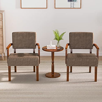 Accent Chairs Set of 2, 2 Solid Wood Armchairs with Side Table | Living Room Chairs with Soft Thicken Cushion, Comfy Reading Chair for Bedroom, Waiting Room, Home Office, Easy Assembly - color: Linen Brown, size: Set of 2 with table