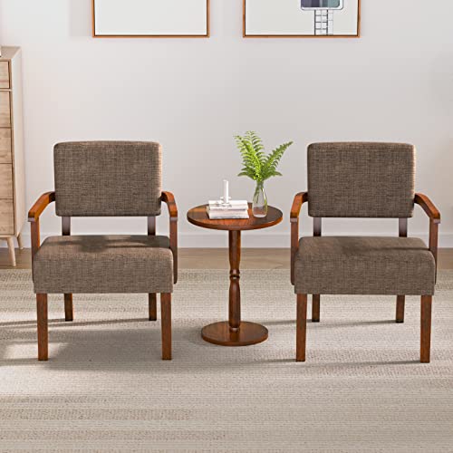 Accent Chairs Set of 2, 2 Solid Wood Armchairs with Side Table | Living Room Chairs with Soft Thicken Cushion, Comfy Reading Chair for Bedroom, Waiting Room, Home Office, Easy Assembly - color: Linen Brown, size: Set of 2 with table
