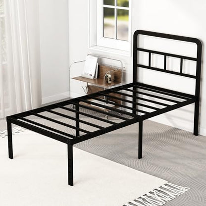DiaOutro 18 Inch Twin Bed Frames with Headboard Metal Platform, Black | Heavy Duty Bed For Kids Adults, Steel Slat Supports No Box Spring Needed, Easy Assembly, Noise Free - size: Twin, style: 18 Inch