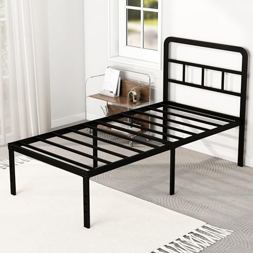 DiaOutro 18 Inch Twin Bed Frames with Headboard Metal Platform, Black | Heavy Duty Bed For Kids Adults, Steel Slat Supports No Box Spring Needed, Easy Assembly, Noise Free - size: Twin, style: 18 Inch