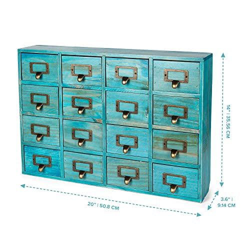 Teal 16-Slot Wooden Drawer Unit - Country Style Desk Organizer Box - 20"x3.6”x14” Wooden Storage Box w/ 16 Drawers - Countertop Drawers w/Label Holder & Handle - Slim 4-Level Desk Organizer - color: 16 Drawer Turquoise Teal