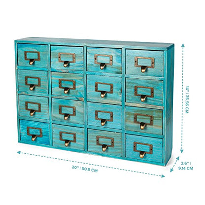 Teal 16-Slot Wooden Drawer Unit - Country Style Desk Organizer Box - 20"x3.6”x14” Wooden Storage Box w/ 16 Drawers - Countertop Drawers w/Label Holder & Handle - Slim 4-Level Desk Organizer - color: 16 Drawer Turquoise Teal