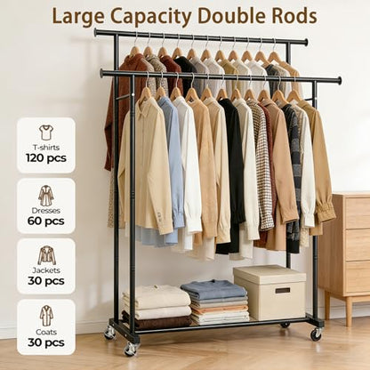 Double Rods Rolling Clothing Rack for Hanging Clothes Portable Wardrobe Rack with Wheels Metal Garment Rack Sturdy Coat Rack with Double Shelves for Bedroom Laundry Living Room, Black