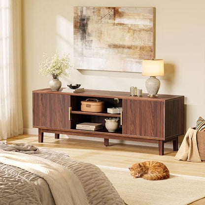 54 Inch Fluted TV Stand for TVs Up to 55, 60 Inch, Mid Century Modern Entertainment Center with Storage, TV Console with Adjustable Shelves, Midea Console for Living Room Bedroom, Brown - color: Walnut