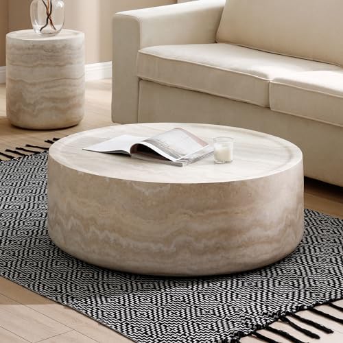 Round Faux Marble Fiberglass Drum Coffee Table, 31.49in Mars, No Assembly - color: 31.49'' Mars Pattern