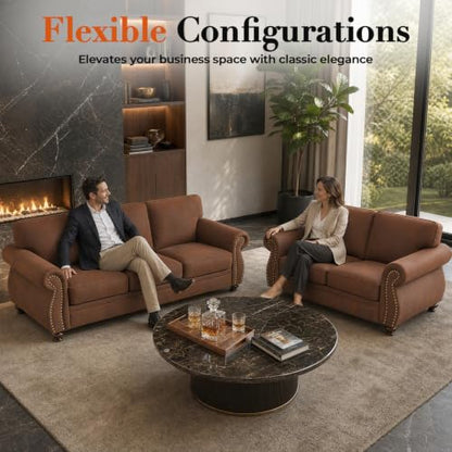 88" W Living Room Furniture Sets, 3-Seater&Single, Caramel Rust | Faux Leather Fabric Sofa and Couch Sets, Mid-Century 3-Seater Sofa Set with Nailhead Trim - color: Caramel Rust, size: M-4 seat