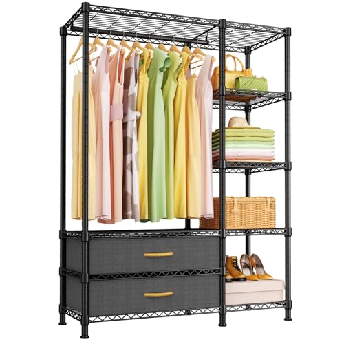 F3 Heavy Duty Clothes Rack（With Fabric Drawers）Freestanding Clothing Racks for Hanging Clothes，Adjustable Closet Organizer System，Portable Garment Rack 40" W x 15" D x 72" H，Max Load 700LBS，Black - color: Black, style: Freestanding