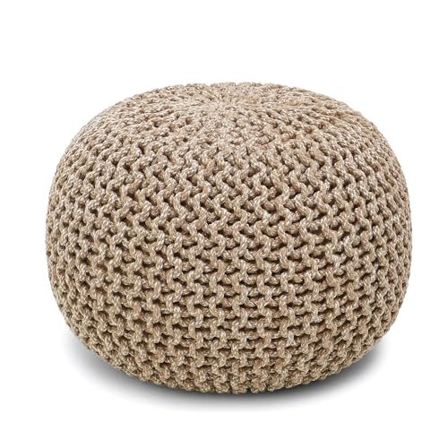 · REDEARTH · Round Pouf Ottoman - Hand Knitted Boho Poof - Beige Ivory | 100% Cotton, 19.5"x19.5"x14"; Doubles as Footstool, Foot Rest; Great for Living Room, Bedroom, Nursery, Patio, Dorm, Lounge - color: Beige Ivory, size: 19.5"D x 19.5"W x 14"H