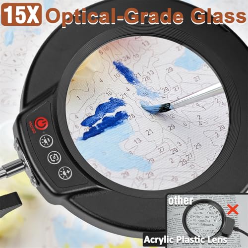 LANCOSC 15X Magnifying Glass with Light and Stand, Real Glass Lens, 5 Color Modes Dimmable, 3-in-1 Adjustable Swing Floor Lamp, LED Lighted Hands Free Magnifier & Clamp for Reading, Crafts, Painting - color: Black
