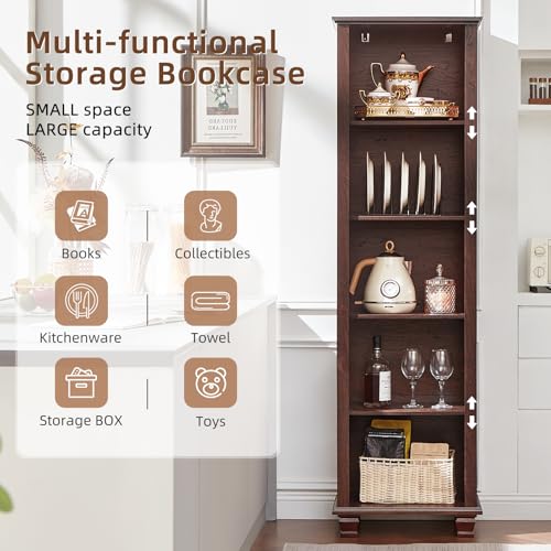 70" Tall Narrow Book Shelf, 5-tire Bookshelf with Adjustable Shelves & Solid Wood Legs, Farmhouse Freestanding Bookcase with Open Storage, Wood Book Case for Office, Living Room, Walnut - color: Walnut