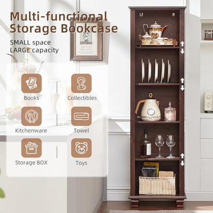 70" Tall Narrow Book Shelf, 5-tire Bookshelf with Adjustable Shelves & Solid Wood Legs, Farmhouse Freestanding Bookcase with Open Storage, Wood Book Case for Office, Living Room, Walnut - color: Walnut