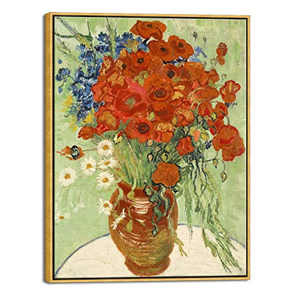 Wieco Art Large Framed Wall Art of Red Poppies and Daisies by Van Gogh Paintings Reproduction Abstract Canvas Prints for Home Living Room Decorations Bronze Gold Frame - size: 32"L x 24"W