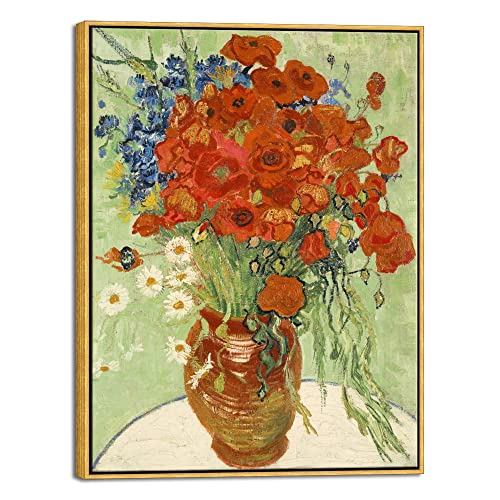 Wieco Art Large Framed Wall Art of Red Poppies and Daisies by Van Gogh Paintings Reproduction Abstract Canvas Prints for Home Living Room Decorations Bronze Gold Frame - size: 32"L x 24"W
