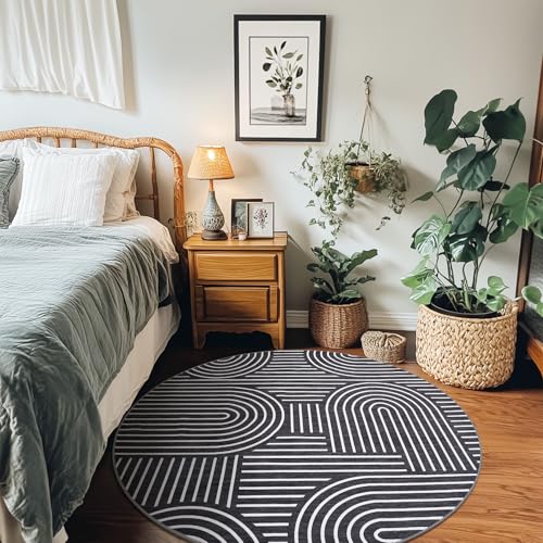 ROYHOME Modern 4ft Round Washable Rug for Living Room Soft Non Slip, Black | Abstract Area Rug for Bedroom, Rainbow Throw Rugs with Rubber Back, Low Pile Stain Resistant Geometric Carpet for Dining Room - color: Black, size: 4' (Round)