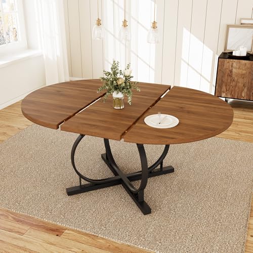 HIPIHOM Extendable Round Oval Dining Table Walnut Seats 4-6 People | 43.3"-59" MDF Table with Hidden Sliding Rails, Space-Saving X-Shaped Metal Frame Perfect for Dining, Apartment, Small Spaces - color: Walunt Table, size: Round Table Only