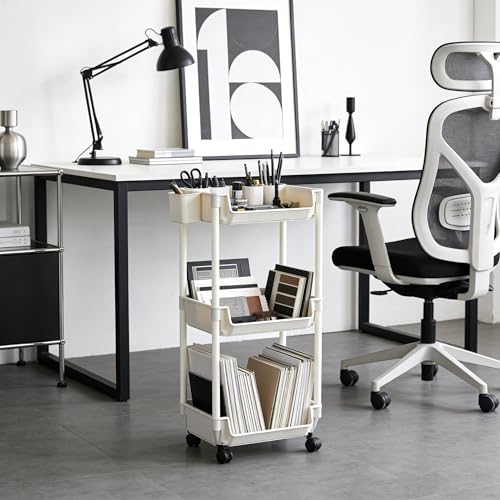 3-Tier Rolling Storage Cart, White Plastic, Slim Organizer for Kitchen, Bathroom, and Office, 11 x 7.5 x 44 Inches
