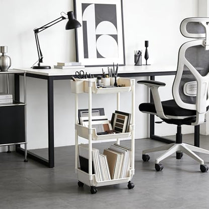 3-Tier Rolling Storage Cart, White Plastic, Slim Organizer for Kitchen, Bathroom, and Office, 11 x 7.5 x 44 Inches