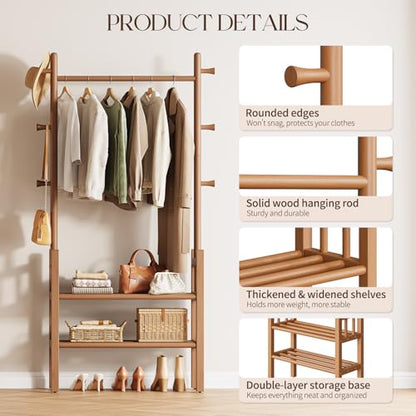 Yoobure Solid Wood Clothing Rack with Shelves - Coat Rack Freestanding with 6 Hooks, 3-in-1 Hall Tree for Hanging Clothes, Tall Garment Racks with Storage for Bedroom, Entryway, Living Room, Closet - color: Natural