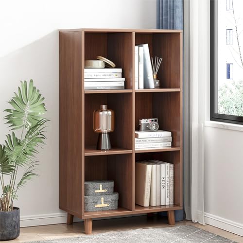IOTXY Open Cubes Low Bookcase - 3-Tier 6-Cube Short Bookshelf in Walnut | Nordic Minimalist Style, MDF Material, Solid Wood Legs, Deep Storage Cubes, Free Standing Wooden Cabinet Organizer Unit - color: Walnut, size: 3-Tier 6-Cubes