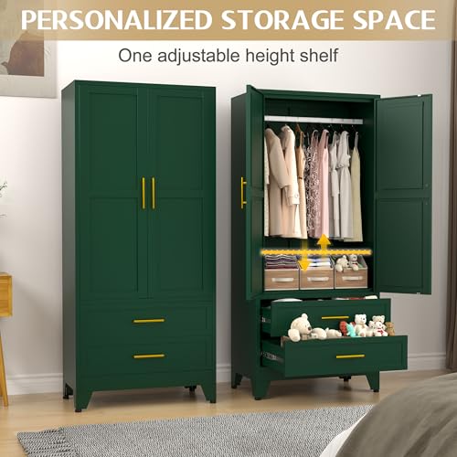 GAIOUS 71" Wardrobe Cabinet with 2 Doors, 1 Adjustable Shelf and 2 Drawers | Metal Clothing Storage Cabinets with Hanging Rod, Armoire Wardrobe Closet for Bedroom, Cloak Room, Gym (Green) - color: 2 Drawer Green, size: 17.71"D x 31.5"W x 71"H