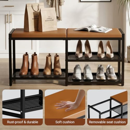 Shoe Rack Bench with Cushioned Seat,3-Tier Wrought Iron Shoe Rack | Shoe Bench for Entrance Hall,Shoe Storage, Multifunctional Storage Bench for Hall and Bedroom