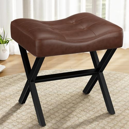 18-Inch Large Leather Vanity Stool Chair, Dark Brown Makeup Stool | Vanity Bench, Metal X-Leg, 350 LBS, 20"x16.9"x18", Ottoman Accent Stool, Thick Padded Saddle Seat, For Living Room Bedroom - size: Large, style: Dark Brown Leather