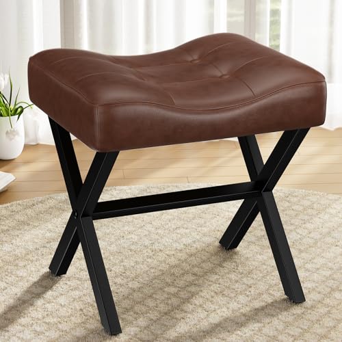 18-Inch Large Leather Vanity Stool Chair, Dark Brown Makeup Stool | Vanity Bench, Metal X-Leg, 350 LBS, 20"x16.9"x18", Ottoman Accent Stool, Thick Padded Saddle Seat, For Living Room Bedroom - size: Large, style: Dark Brown Leather
