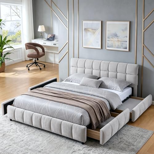 Upholstered Platform Bed with Storage Drawers, Chenille Fabric Low Profile Bed Frame with Soft Headboard, Sturdy Wood Slats, Easy Assembly, No Box Spring Needed (Beige, Queen (U.S. Standard)) - color: Beige, size: Queen (U.S. Standard)