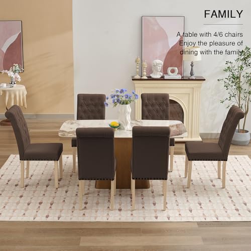 adochr Linen Dining Chairs Set of 2, Armless Parsons Chairs,Dark Brown | Wooden Legs & Tufted Buttons, Upholstered Dining Room Chair for Kitchen/Dining Room/Living Room - color: Dark Brown, size: 2PCS