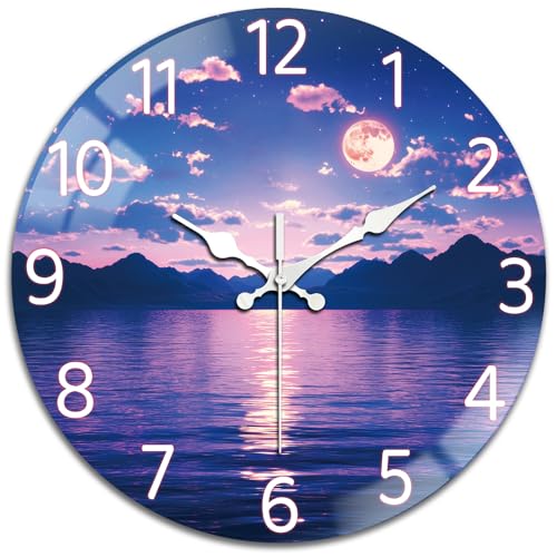 Night Sky Wall Clocks Battery Operated, 12" Round Clock | Non Ticking Decorative Clock, Ocean Pattern Glass Design for Living Room, Kitchen, Bedroom & Bathroom Decor - style: Night Sky