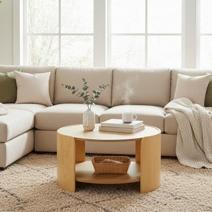 Oak Round Coffee Table, 2-Tier 31.5" Open Storage Modern Center Table | Wooden Circle Coffee Table with Shelf & Curved Legs for Living Room, Home Office, Reception Room, Apartment, Natural - color: Natural