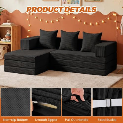 6-in-1 Boneless Couches Modular Sectional Sofa | Cloud Couch Sectional & Tri-Folding Mattress | Corduroy Pet-Friendly Convertible Sofa Bed with 800LB Capacity Living Room, Apartment, Guest Room - color: Black