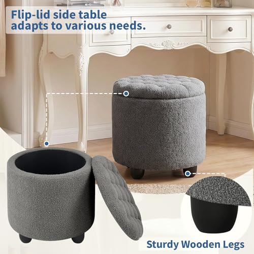 Modern Round Storage Ottoman, Upholstered Button Tufted Ottoman Footstool Ottomans with Removable Lid Storage Footstool for Living Room, Bedroom, Makeup Room, Teddy, Grey - color: Grey-1