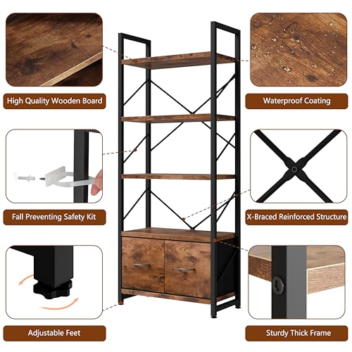 Shintenchi 5 Tier Bookshelf with Drawers, Display Standing Shelf Units, Wood and Metal Bookshelves Storage Organizer, Bookcase for Home Office Bedroom, Kitchen, Living Room, Rustic Brown - size: 23.8'' W x 12'' D x 62.4'' H-2 Drawers