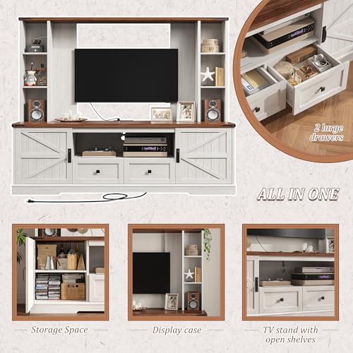 EnHomee Farmhouse Entertainment Center for 60" TV with LED & Power Outlets | Tall TV Console Wood TV Stand with Storage Shelves,Bookshelf for Living Room, Bedroom, White - color: White