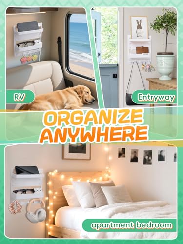 Bedside Wall Organizer Shelf Storage with Cable Clips, Dorm Room Must Haves | No Drill, Bed Floating Nightstand, Remote Control Holder, Key Holder, Preppy Collage Dorm Room Decor Essentials