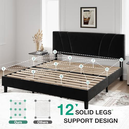 Novilla King Bed Frame and Headboard, King Bed Frame, Velvet Upholstered Bed Frames, No Box Spring Needed, Heavy Duty Feet, Easy Assembly, Black Velvet - color: Black Velvet, size: King