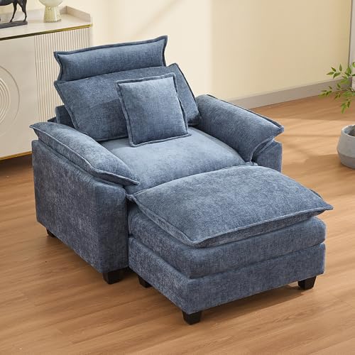 46''Cloud Oversized Sofa Chair with Detachable Headrest, Upholstered Comfy Arm Accent Chair with Ottoman,Modern Chenille Reading Lounge Armchair for Living Room,Bedroom, Blue - color: Blue, size: Oversized Chair with Ottoman