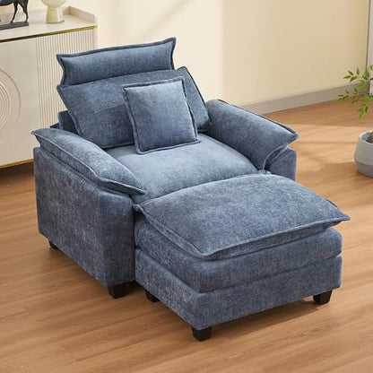 46''Cloud Oversized Sofa Chair with Detachable Headrest, Upholstered Comfy Arm Accent Chair with Ottoman,Modern Chenille Reading Lounge Armchair for Living Room,Bedroom, Blue - color: Blue, size: Oversized Chair with Ottoman