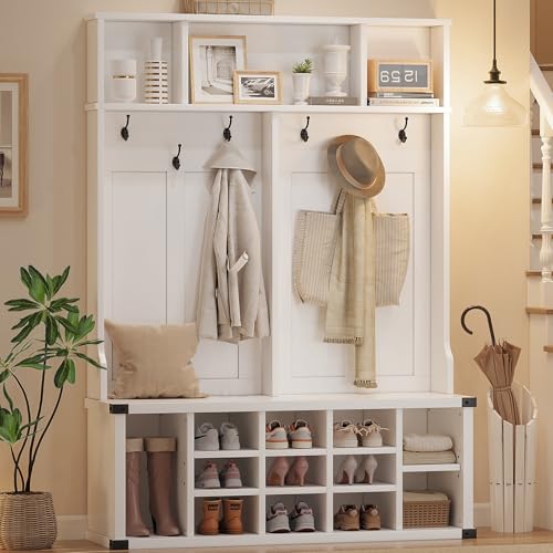 IDEALHOUSE 76" Hall Tree with Bench and Shoe Storage, Farmhouse Large 4-in-1 Entryway with Coat Rack & 6 Tri-Hooks, Adjustable Shelf, White Mudroom Bench with Storage Seating, Space Saving, White - size: 51"W